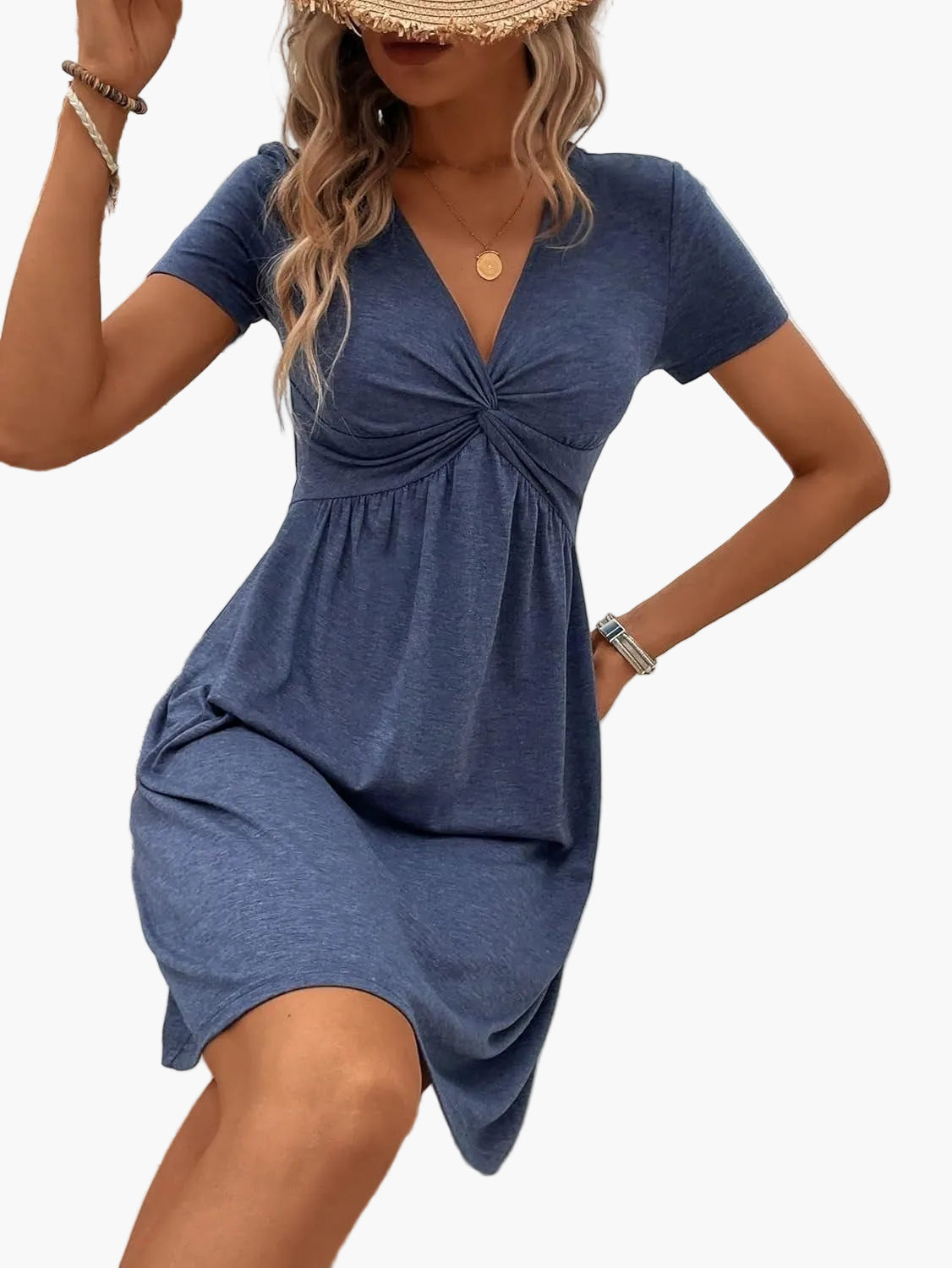 Damen Sommer Kleid mit Twist-Detail und V-Ausschnitt – Eleganter Freizeitstil