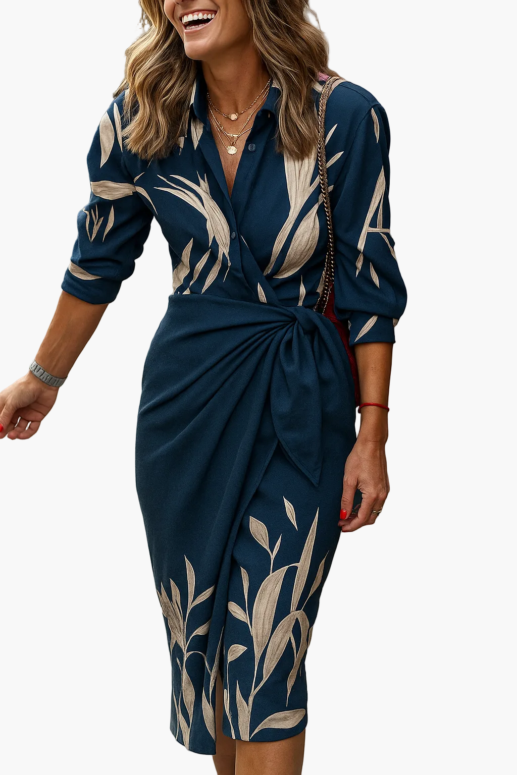 Damen Wickelkleid Midi – Modernes Streifendesign für Büro & Freizeit
