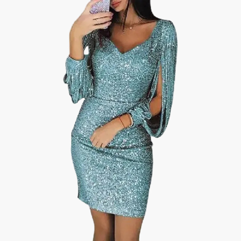 Robe de soirée à paillettes femme avec manches à franges glamour – Parfaite pour fêtes et occasions festives