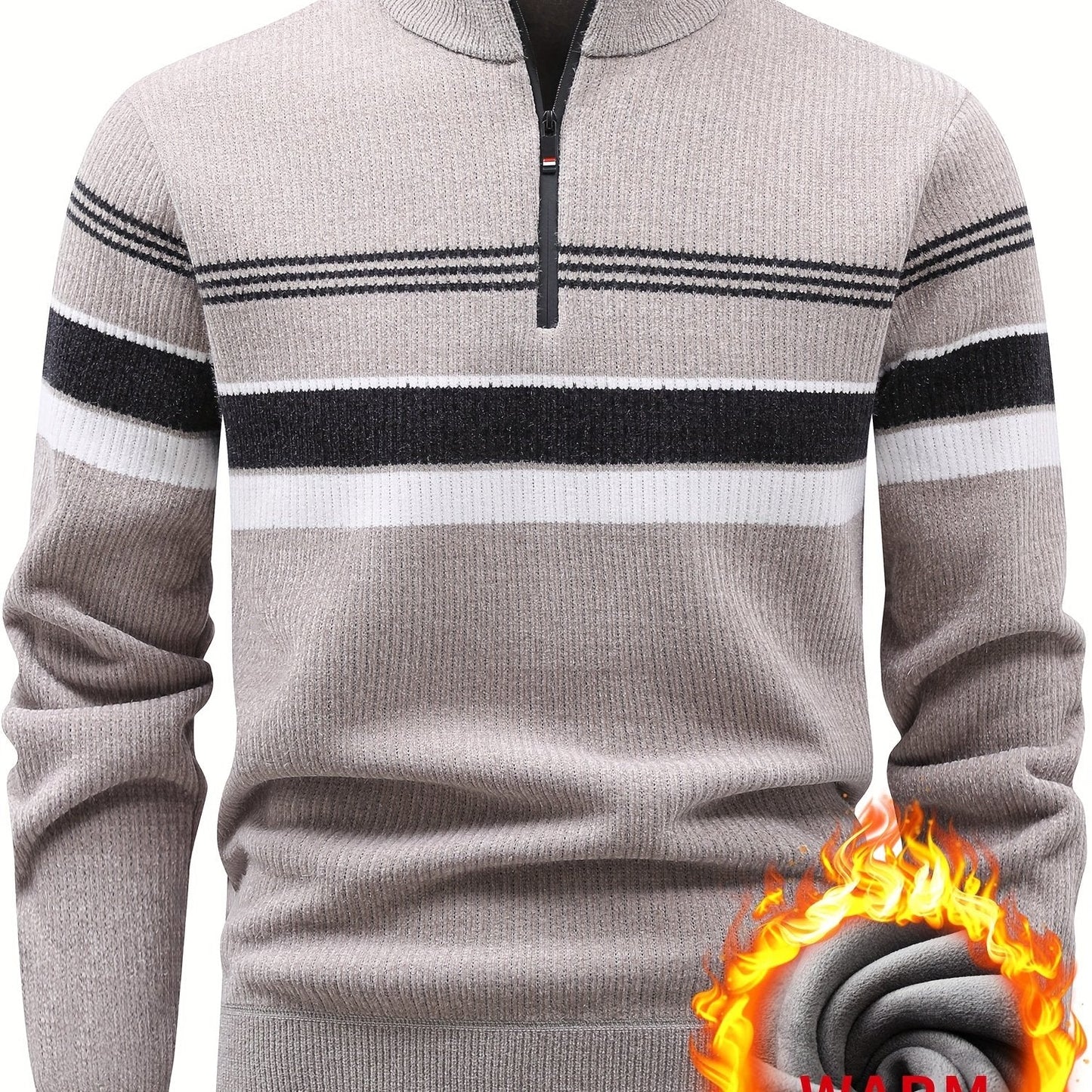 Herren Halb-Reißverschluss Strickpullover mit Streifenmuster, gerippt
