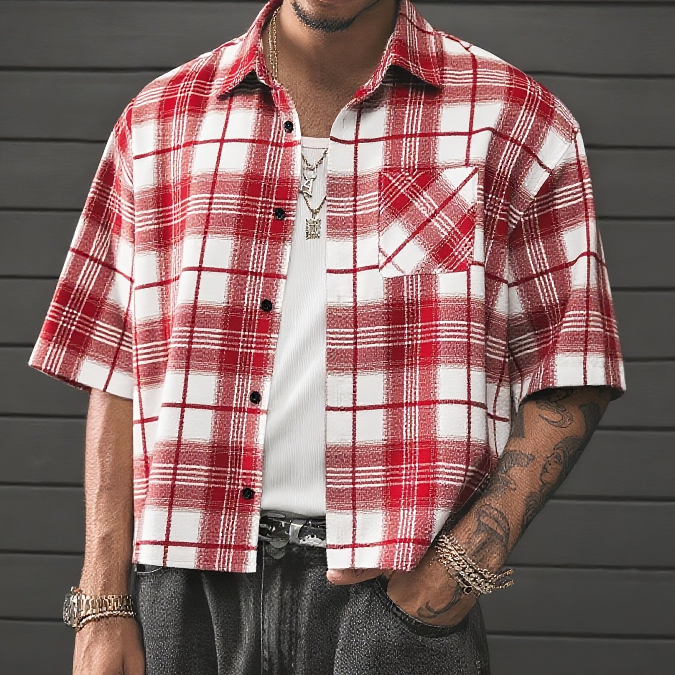 Camisa de cuadros oversize de manga corta para hombre con estilo streetwear – moda casual para el día a día y salidas