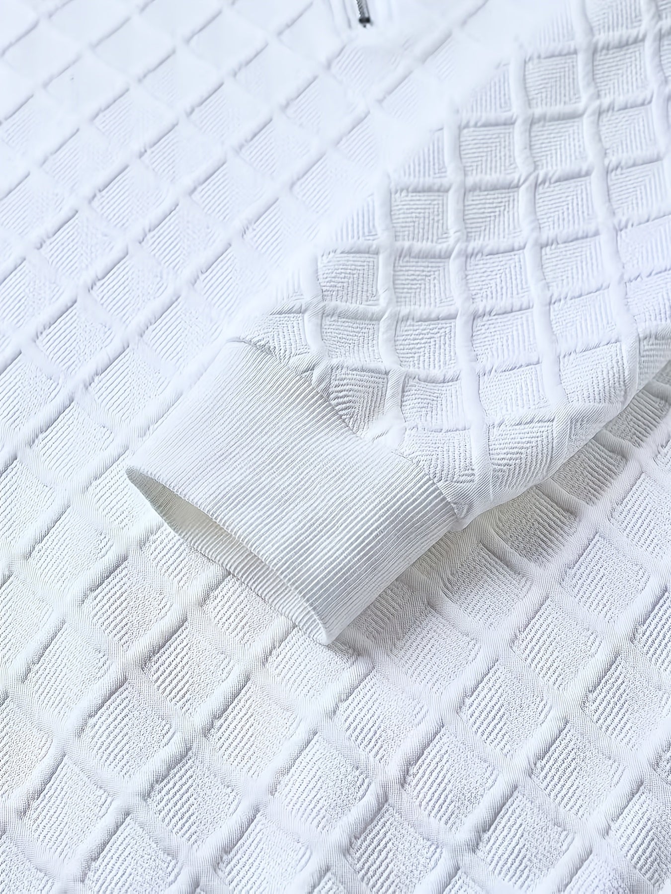 Herren Halb-Reißverschluss Pullover Weiß mit Rautenmuster, Langarm, Stehkragen