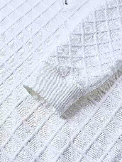 Herren Halb-Reißverschluss Pullover Weiß mit Rautenmuster, Langarm, Stehkragen