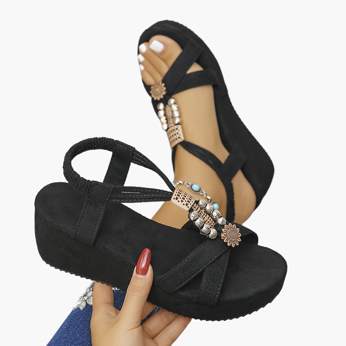 Sandali con plateau da donna stile vintage con cinturino a T e decorazioni di perle – Scarpe estive comode per tutti i giorni e il tempo libero