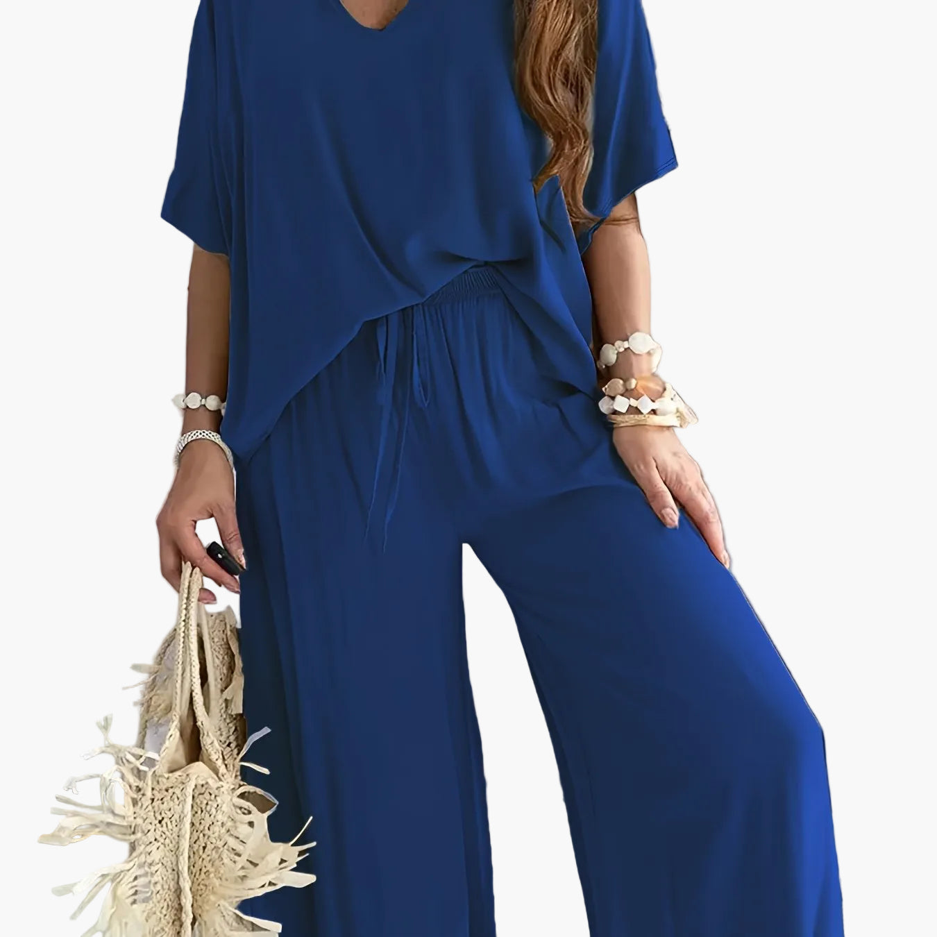 Damen Jumpsuit mit weitem Bein und V-Ausschnitt – Eleganter Freizeit Overall für Frühling und Sommer
