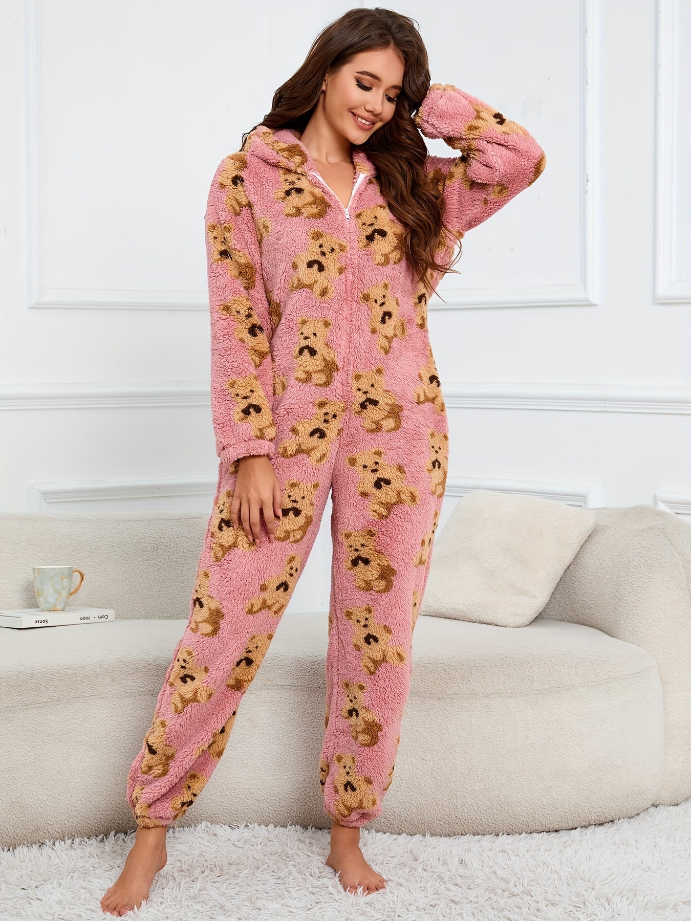 Damen Flauschiger Onesie mit Kapuze & Teddybär-Muster Rosa