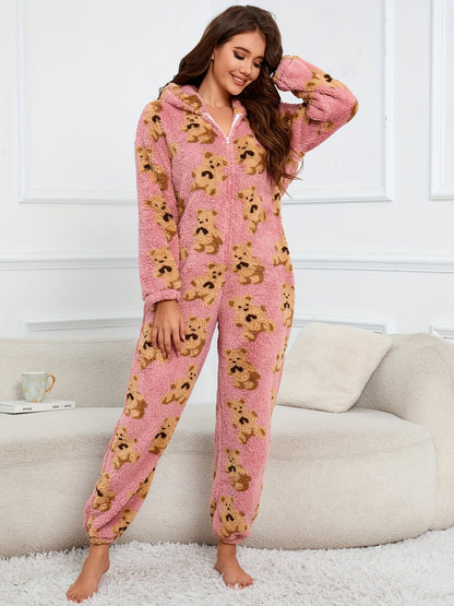 Damen Flauschiger Onesie mit Kapuze & Teddybär-Muster Rosa