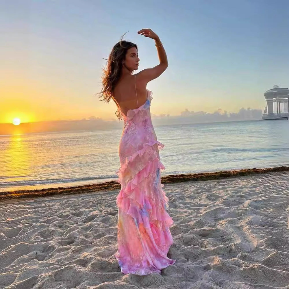 Robe longue bohème femme pour plage et été – Robe élégante sans manches à volants pour occasions spéciales