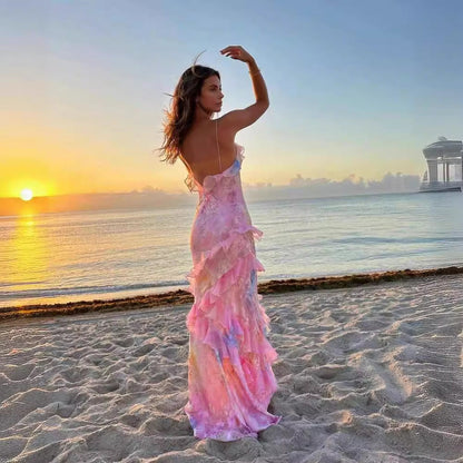 Robe longue bohème femme pour plage et été – Robe élégante sans manches à volants pour occasions spéciales