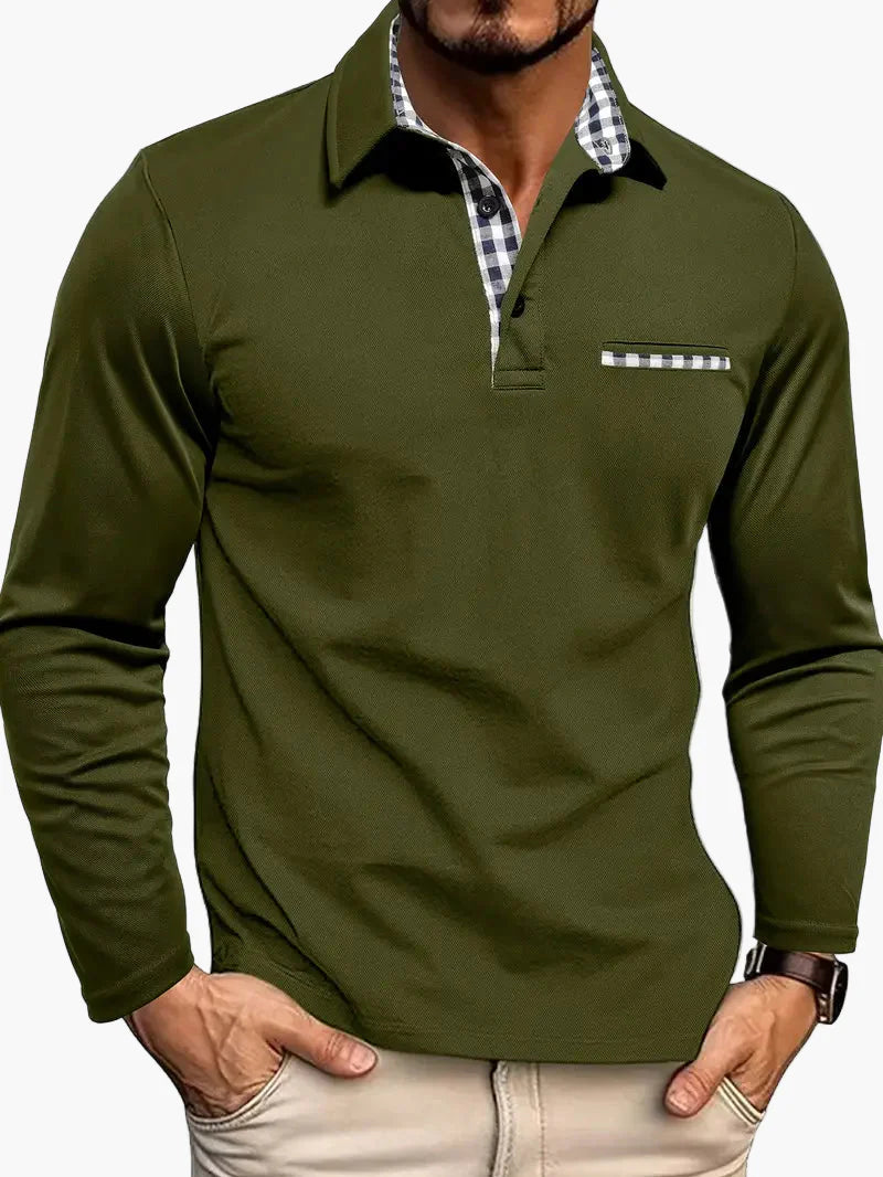 Polo da uomo a manica lunga slim fit con dettagli a quadri – Maglietta moderna per lavoro e tempo libero