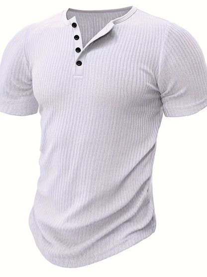 Męska koszulka Henley z krótkim rękawem, prążkowana, letni styl casual