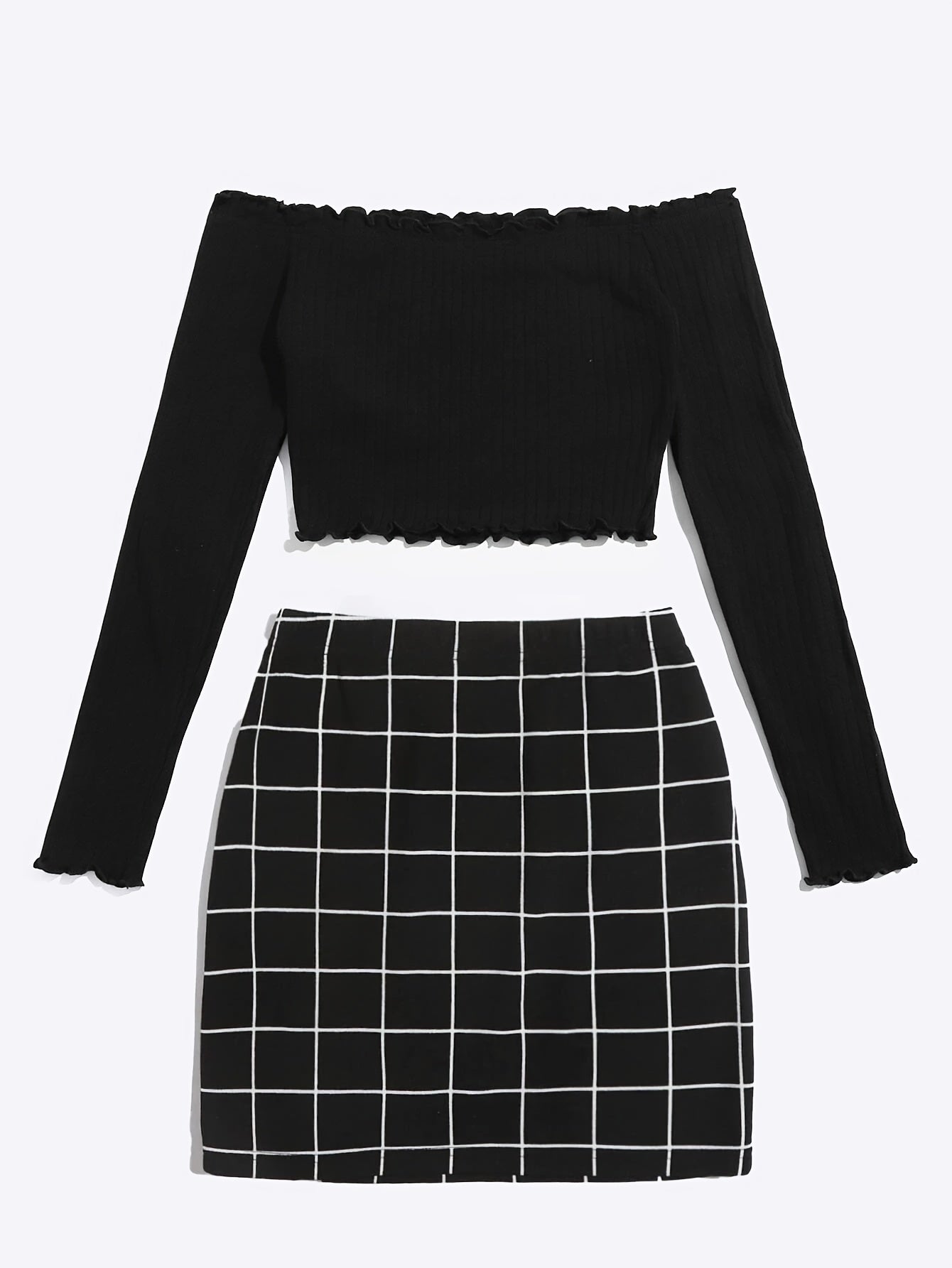 Completo donna con top scollato e minigonna a quadri – Set moda due pezzi per tutti i giorni e uscite