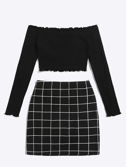 Completo donna con top scollato e minigonna a quadri – Set moda due pezzi per tutti i giorni e uscite