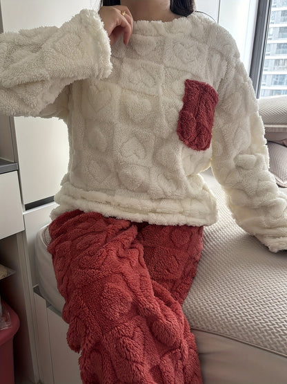 Pigiama coccoloso con motivo a cuori, morbido pigiama loungewear