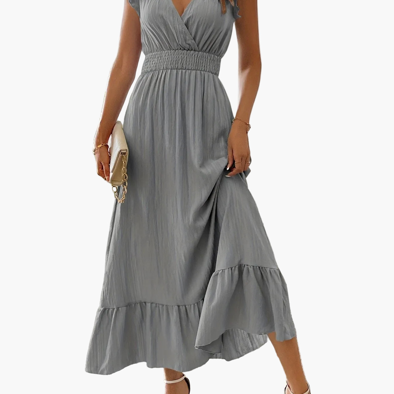 Robe longue élégante pour femme avec manches à volants et détail à la taille – Parfaite pour l'été et les vacances