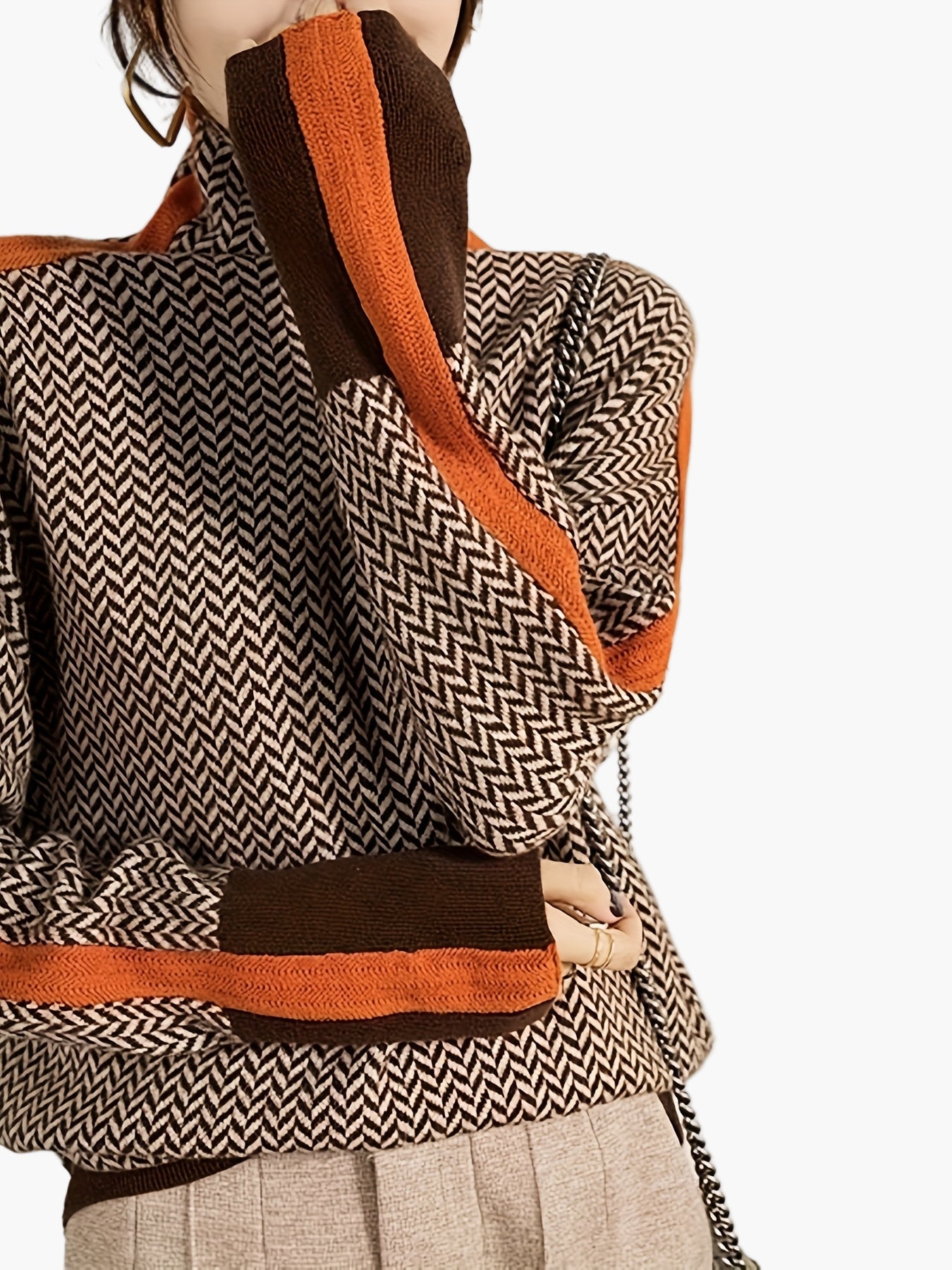 Dam Elegant patchwork stickad tröja med ståkrage – Moderiktig höst/vinter vardagslook