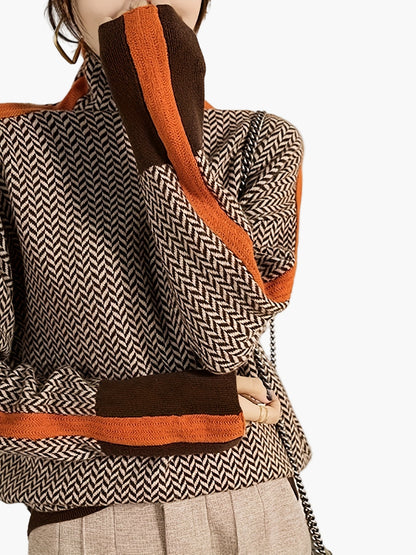 Dam Elegant patchwork stickad tröja med ståkrage – Moderiktig höst/vinter vardagslook