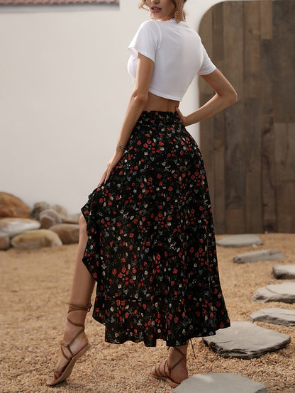 Damen Maxirock Elegant mit Blumenmuster und Volants für Frühling und Sommer