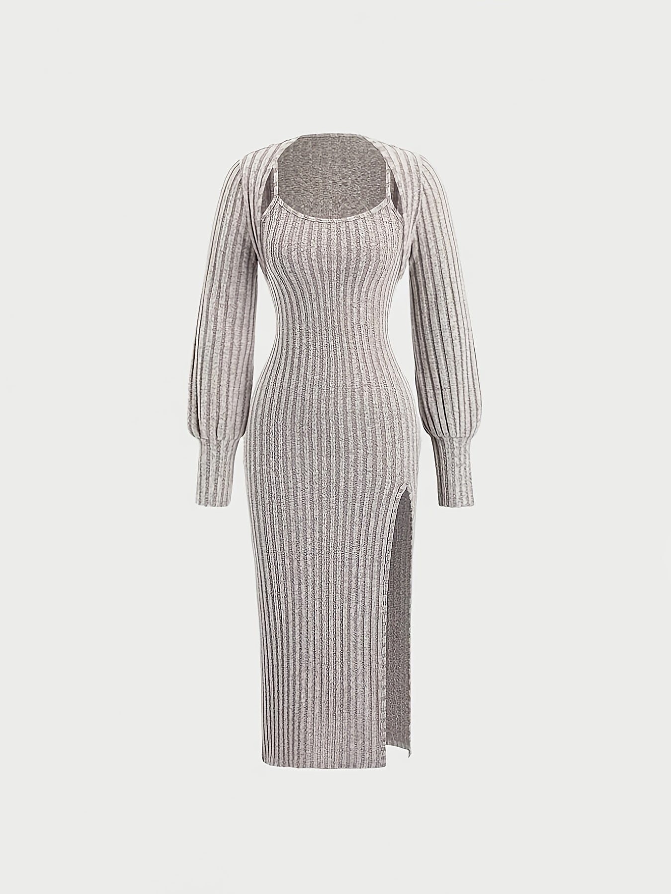 Damen Geripptes Midikleid mit Spaghettiträgern und Kurzpullover-Set