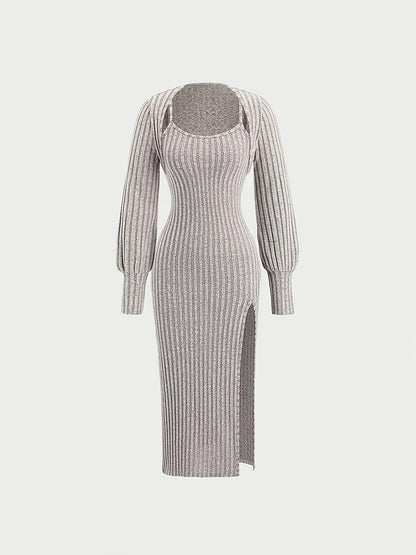 Damen Geripptes Midikleid mit Spaghettiträgern und Kurzpullover-Set