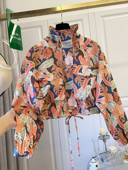 Damen Kurzjacke mit Reißverschluss und tropischem Blättermuster
