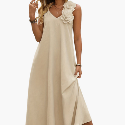 Damen Elegantes Maxikleid mit Blumenapplikation und V-Ausschnitt – Perfekt für Sommerfeste & Gartenpartys