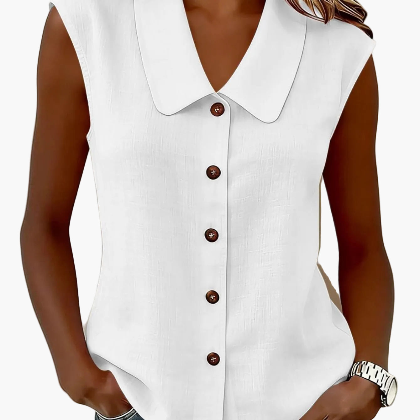 Blouse sans manches pour femme avec patte de boutonnage et grand col – Style décontracté élégant pour le quotidien et le bureau