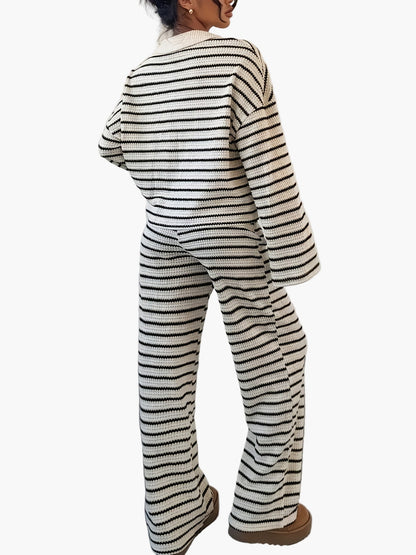 Damski dzianinowy komplet – elegancki, w paski, luźny casual na jesień i zimę