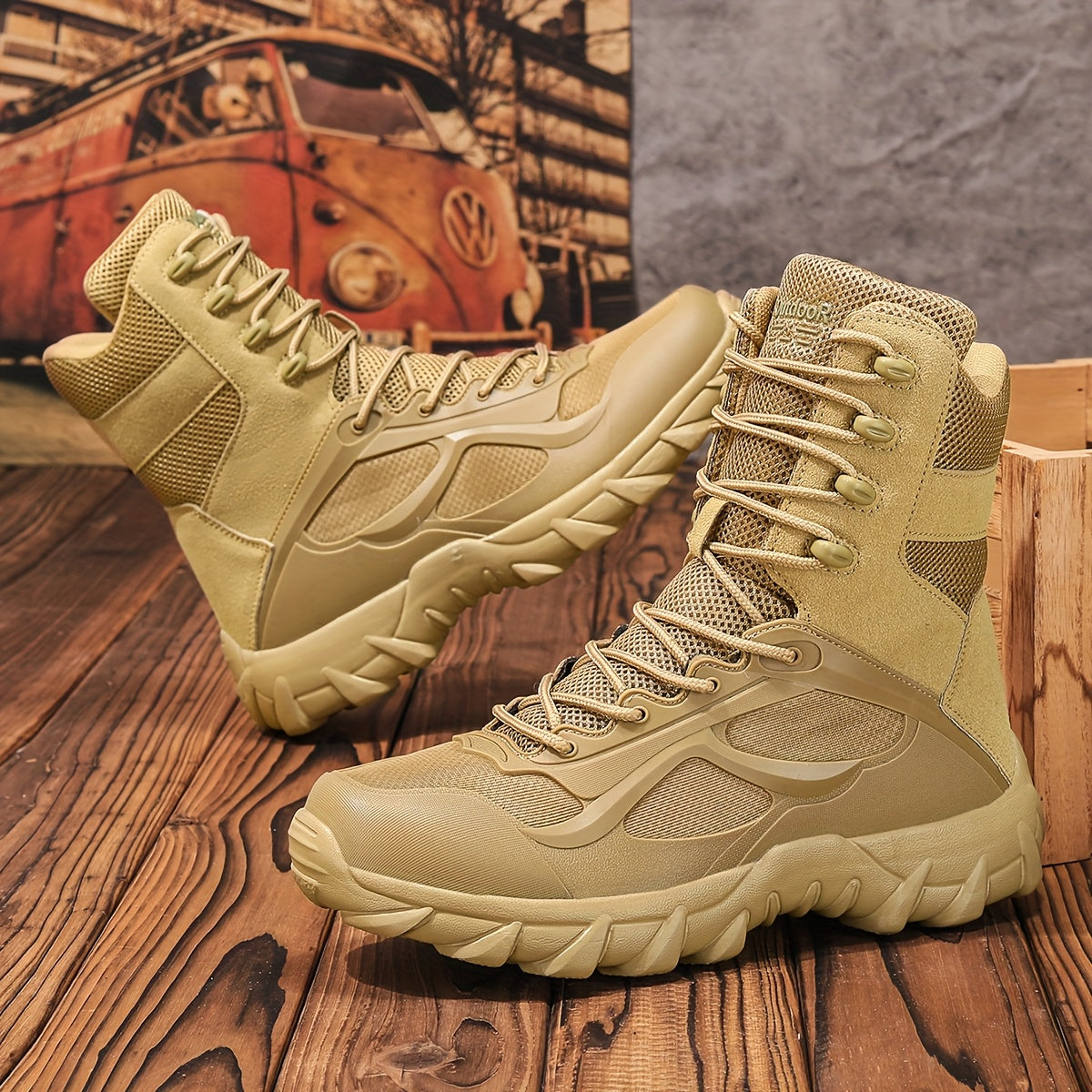 Stivali tattici da uomo, scarponcini stringati robusti, beige, da outdoor militare