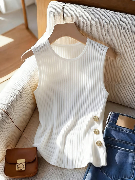 Dames tanktop met ribstructuur en sierknopen – elegante dagelijkse metgezel