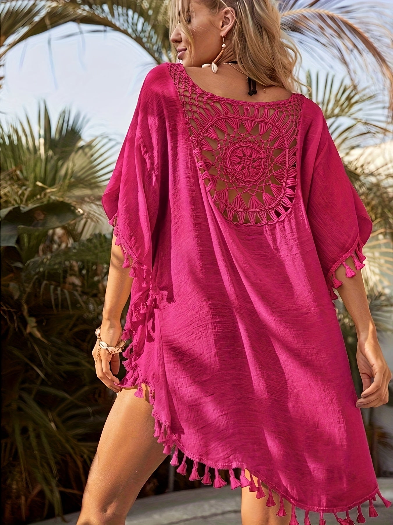 Túnica mini vestido bohemio de playa para mujer con escote de ganchillo y flecos – Perfecto como cubierta de playa de verano