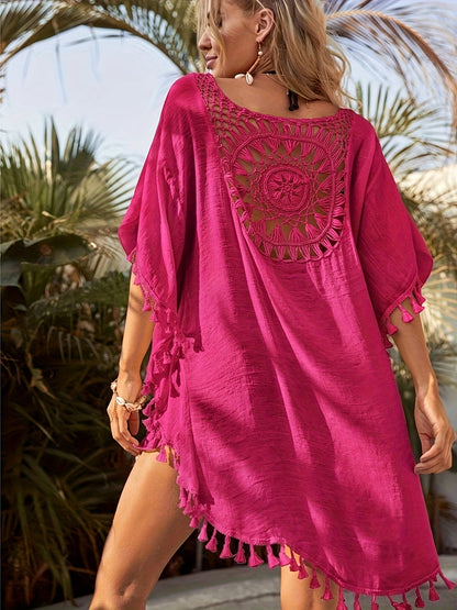 Túnica mini vestido bohemio de playa para mujer con escote de ganchillo y flecos – Perfecto como cubierta de playa de verano