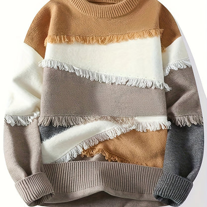 Unisex Patchwork Pullover mit Fransen Rundhals Langarm Strickpullover Mehrfarbig