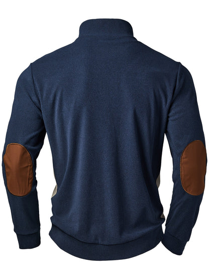 Jersey de punto para hombre azul y beige con cuello alto y parches en los codos