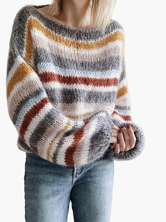 Dames Grofgebreide Trui in Strependesign – Losse, Modieuze Herfst/Winter Sweater