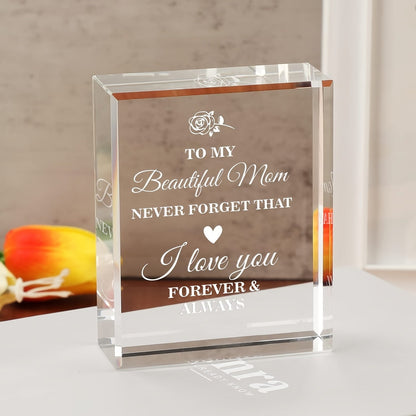 Frauen Dekorative Gravur Glasblock – Geschenk für Mutter, Stilvolle Tischdekoration mit Liebe-Botschaft