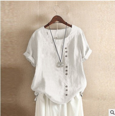 Dame Vintage sommerbluse, kortærmet med rund hals & knaplukning