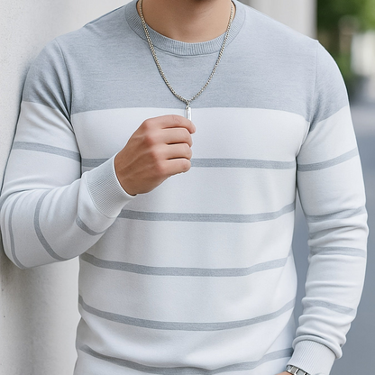 Stribet herrepullover med rund hals og farveblokdesign