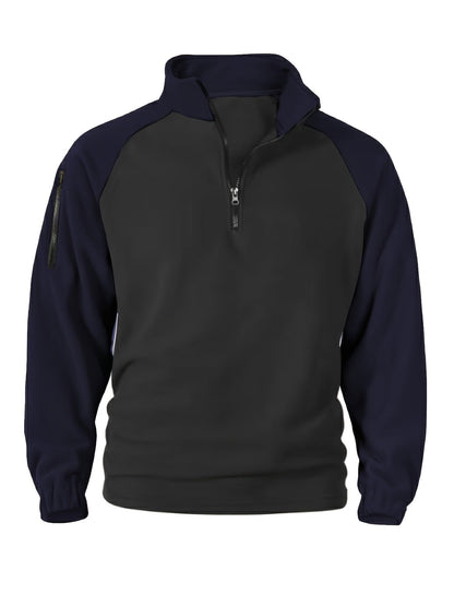 Pullover in pile da uomo, maniche raglan, chiusura a un quarto con zip, grigio scuro e marrone