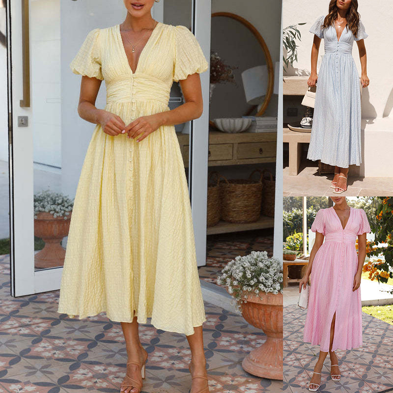 Dames Zomer Midijurk met V-hals en Korte Mouwen – Elegante Vrijetijdsjurk voor Dagelijks Gebruik en Speciale Gelegenheden