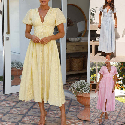 Dames Zomer Midijurk met V-hals en Korte Mouwen – Elegante Vrijetijdsjurk voor Dagelijks Gebruik en Speciale Gelegenheden