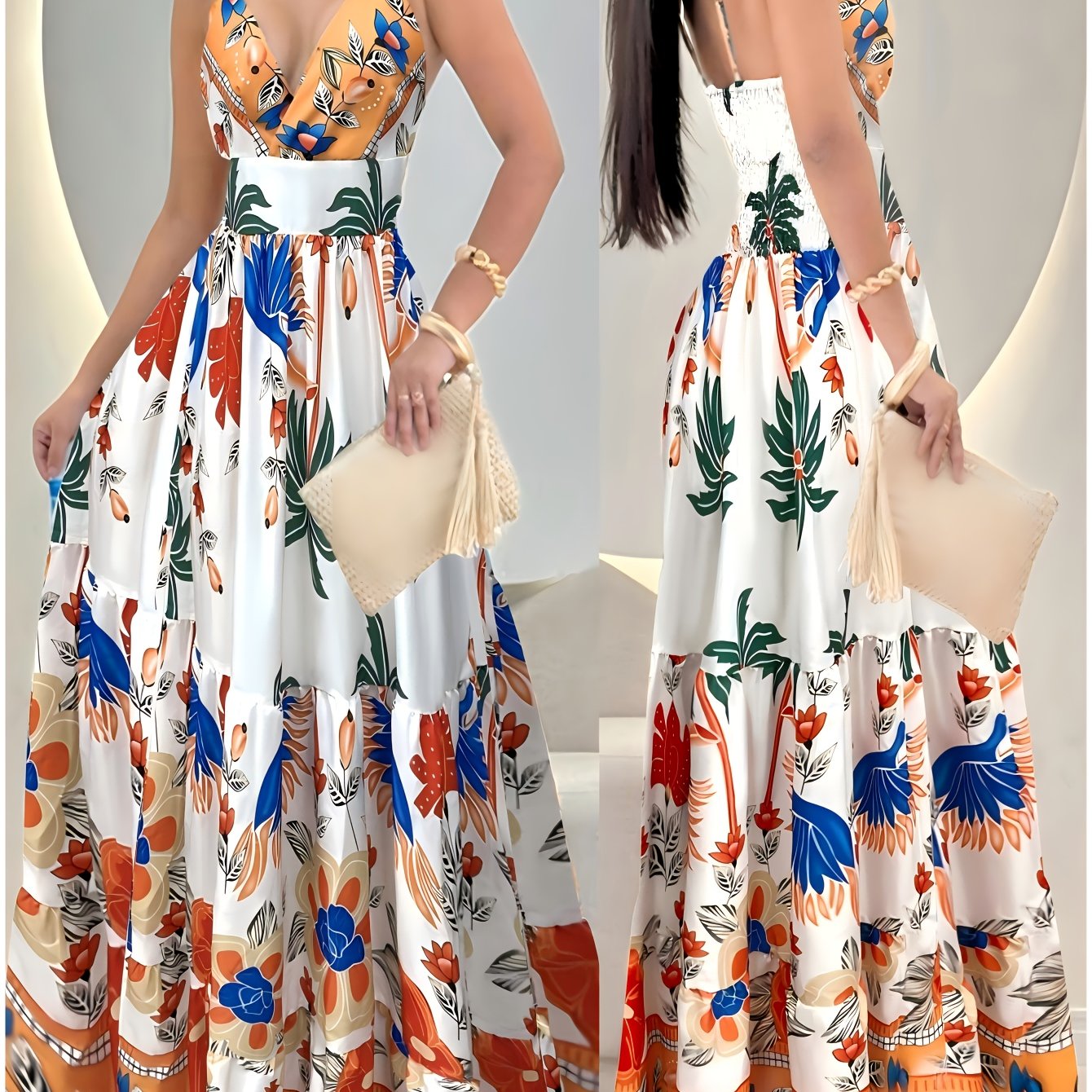 Damen Maxi-Tierkleid mit tropischem Print und tiefem V-Ausschnitt – Elegantes Sommer- und Urlaubsoutfit