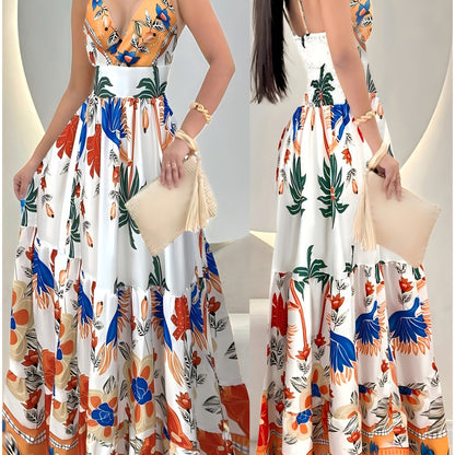 Damen Maxi-Tierkleid mit tropischem Print und tiefem V-Ausschnitt – Elegantes Sommer- und Urlaubsoutfit