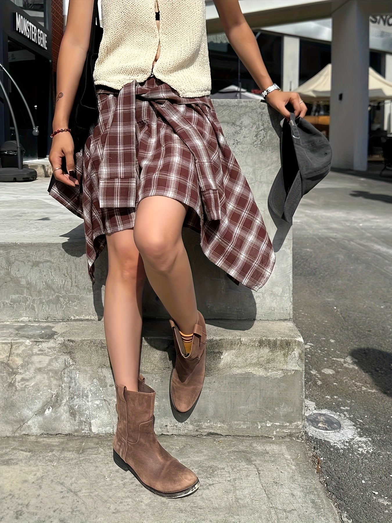 Gonna asimmetrica a quadri da donna in stile camicia per streetwear e tempo libero