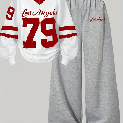 Zweiteiler Loungewear Set mit "Los Angeles" Print, weißes Shirt & graue Hose