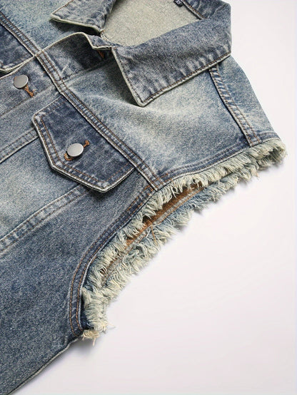 Gilet di jeans da uomo blu senza maniche effetto distressed