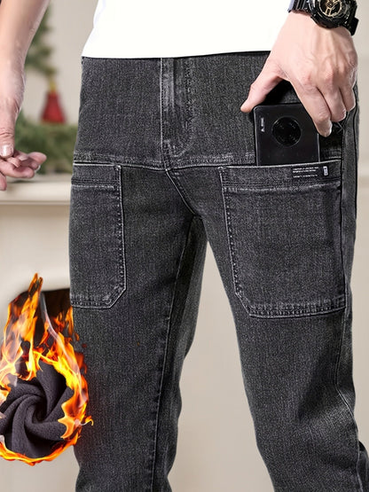 Jeans invernali da uomo, pantaloni foderati, neri o blu, vestibilità dritta