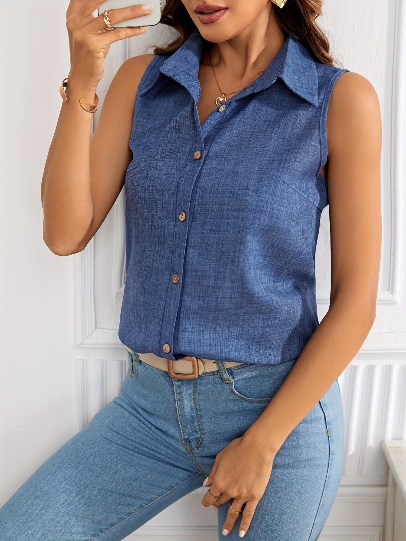 Top blouse femme sans manches élégant avec patte de boutonnage – été loisirs affaires