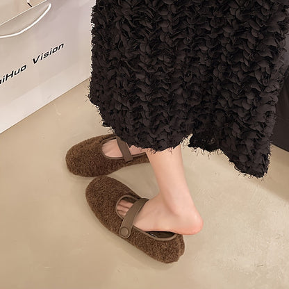 Damen Mary Jane Ballerinas Plüsch-Look mit Riemen und Knopfverschluss