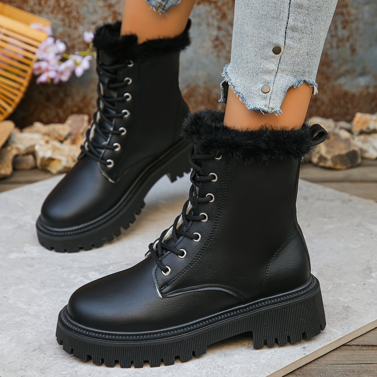 Damen Worker Boots mit Fellfutter & klobiger Sohle – Schnürstiefelette